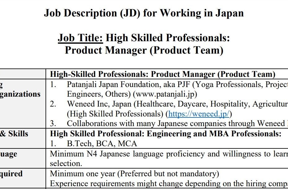 High Skilled Professionals: Product Manager (Product Team) - Job in Japan